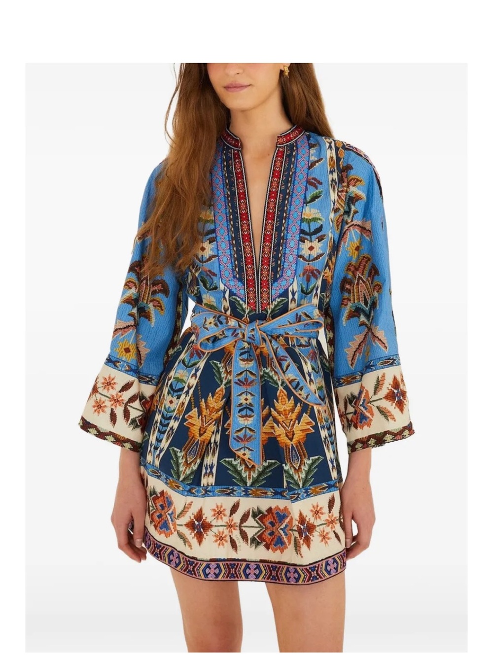 FARM Rio Blue Embroidered Tie-Waist Mini Tunic Dress